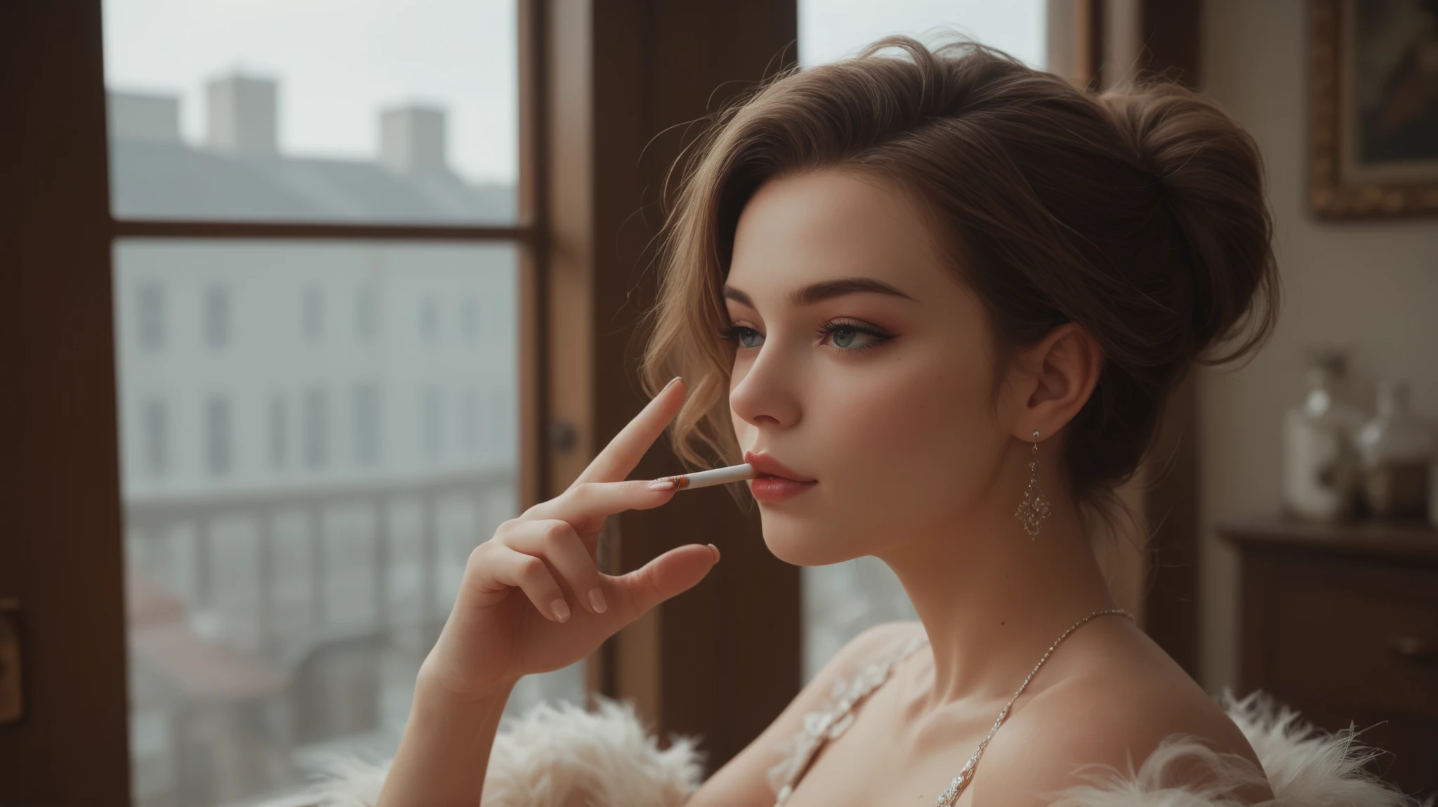 beautiful girl with cigarette looks out the window in hand drawn style