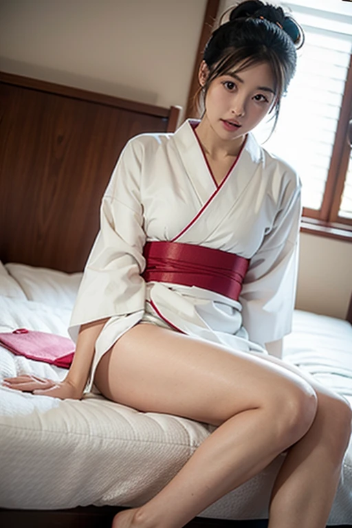 Highest quality、Highest quality、8K quality、whole body、One Japanese woman、Incredibly detailed faces、brown and light hair、Beautiful eyes with amazing details、Perfect breasts、Beautiful body、Slightly tanned skin、ponytail、23 years old、Love Hotel Bed、(Thin and small silk panties)、((Spread your legs 1.4))、((Medium Hair))、Lying down、Natural smile、Braid、look here、Feeling facial expression、Naughty expression、(Genuine shrine maiden,White yukata,red hakama)、miko、lie down