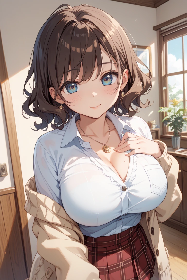 (Highest quality, High resolution, Masterpiece, 4K), (Soft light、Luster of hair、Beautiful eyes)、young woman、The whole body is visible、Cute smile ((Wavy medium short hair, bangs, Chestnut Hair)), ((Wistful eyes、Gray Eyes, Perfect Eyes)), ((Detailed face, blush:1.1)), ((Smooth texture:0.75, Realistic texture:0.65, Realistic:1.1, Anime CG Style)),Medium chest、A body with just the right amount of flesh、(Sexy thighs、I see beautiful legs)、A wide-open blouse、Purple tight skirt with slits、Cute Necklace、Earrings、Angle from the front、Peeking into this、Leaning forward