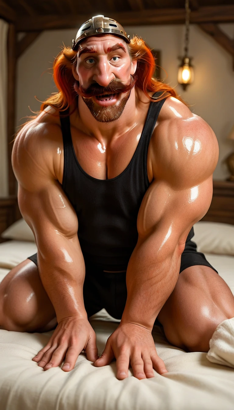 ginger daddy with blue/green eyes, (handsome:1.9), hung, (Muscular:1.6), (Huge Bulge:1.3), soft smile, wearing nothing but a bowtie, beard, ginger, (gigantic bodybuilder:1.6), (vascular pectoral muscles:1.7), Face the mix of Jensen Ackles and Josh Hutcherson on a matured man with a beard, laying in bed, (flexing:1.5), (muscles touched by hands:1.7), (detailed and vascular muscles:1.6), covered in cum, (sexual intercourse with another man:1.7), (hairy armpits:1.7)