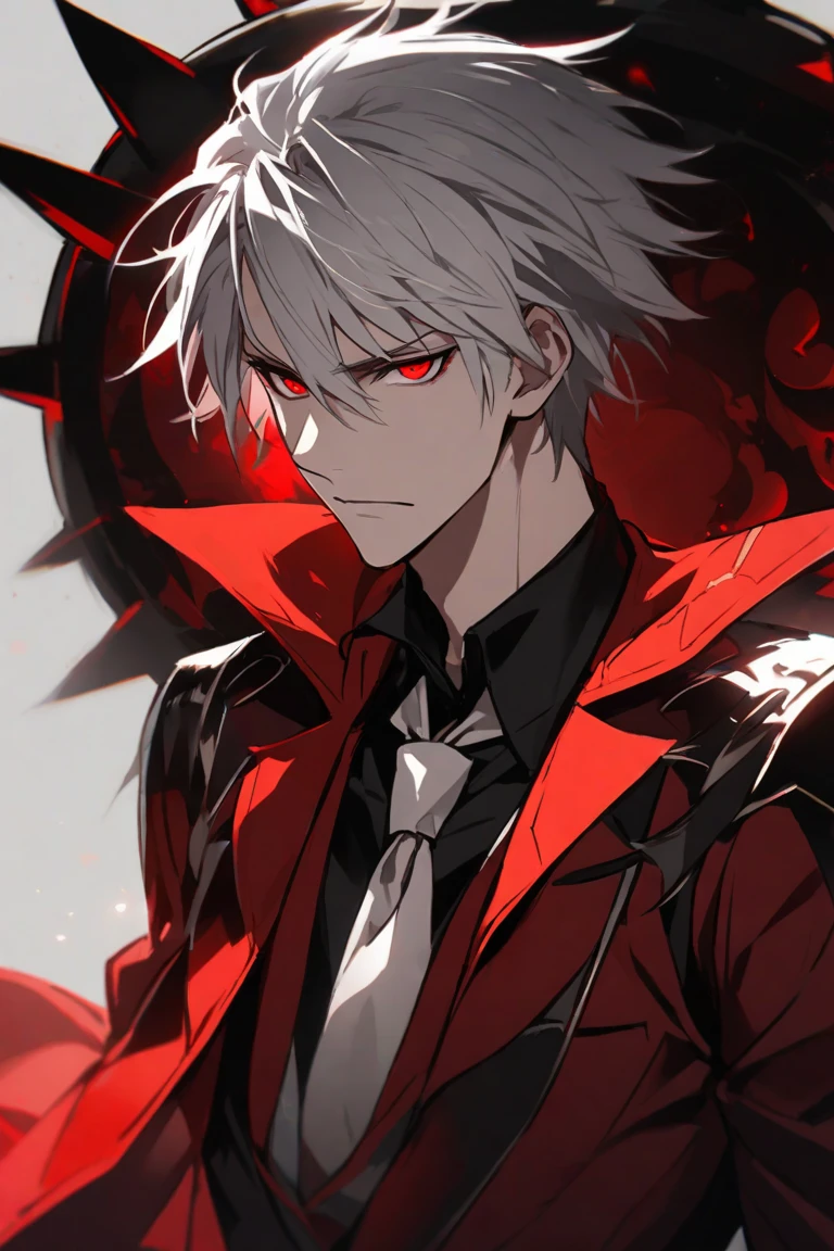 Best quality, ultra high detail, extremely detailed eyes, detailed face, male face, a boy, short white hair, ((red incandescent sparkling eyes:1.4)), (bleeding), gothic static background with blood spreading, he wears a white jacket with blood, his smile is macabre, dark, dark--Niji:5--gothic cinema lighting--Paramount and Wit Studios, half-body