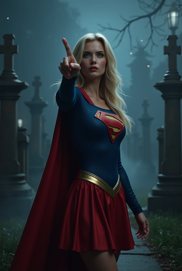 (((In extreme close-up a beautiful woman with long blonde hair Charlize Theron under the cloak of the Kryptonian Kara Zor-El alias Supergirl (((Blue leather suit with tiny scales on the suit))),(((Red skirt Supergirl emblem on her costume))),(((Silver metal bracelets on their wrists))),(((Long red boots up to her knees))),(((On knees (((yelling))) mortally wounded (((Blood on his chest))),(((Green flourescent kryptonite on the wound))),(((Blood around skulls in cemetery))),(((green flourescent magic around his entire body)))