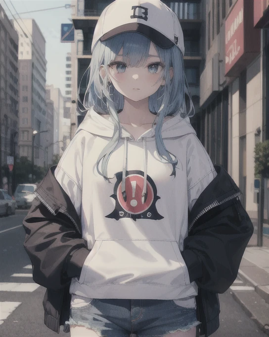 (8K、Top image quality、top-quality、​masterpiece)、A detailed face、1 girl in、lightblue hair、Long、Red eyes、expressionless、piercings、Moderately breasts、Black Baseball Cap、white hoodie、denim short shorts、cowboy  shot、POV、Back alley background