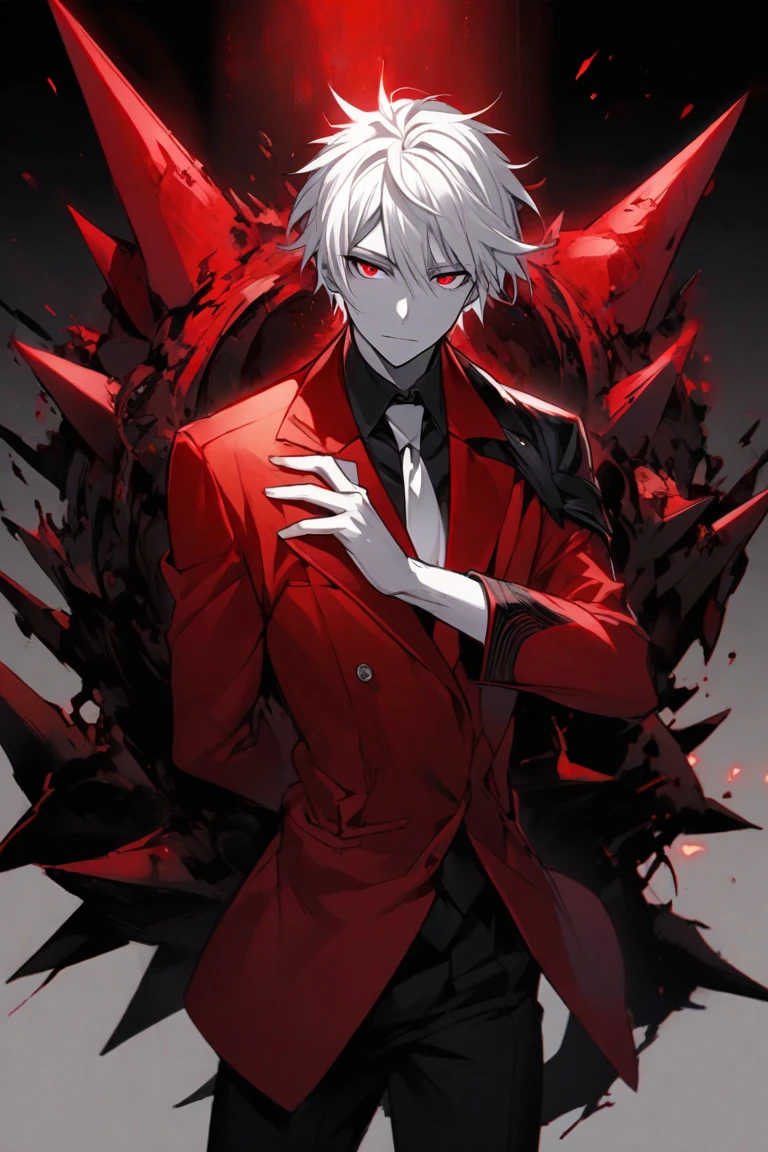 25 years old anime man with white hair, standing at the front of a dragon, hands in pockets,wearing red sleeves, shirt off