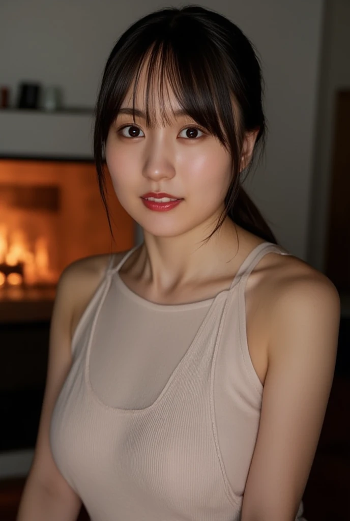 Completely naked、1girl, Best quality, Realistic, solo, Depth of field, Natural light, Daytime, Attractive, Beautiful face, Pure face, Pale skin, Cute, Short hair, Beach, Sunshine,Flat breasts, Small breasts,Naked, Full body, (beautiful face)),ponytail、small bust、minimal chest、Make details appear clear、The whole body is facing this way、The face is facing straight ahead、Arms folded behind back、Low - Angle,countryside,Generate an image of a cozy mountain cabin interior. The setting should be warm and inviting, with rustic wooden walls, a stone fireplace with a crackling fire, and a comfortable seating area with plush chairs and a wooden coffee table. Large windows should offer a view of the surrounding snowy mountains. Include details like a bookshelf filled with books, a few pieces of antique furniture, and soft lighting from lamps and the fireplace. The atmosphere should feel peaceful and serene, perfect for a relaxing retreat in nature.nipple pink,low-angle shot,Santa Claus,Cosplay,