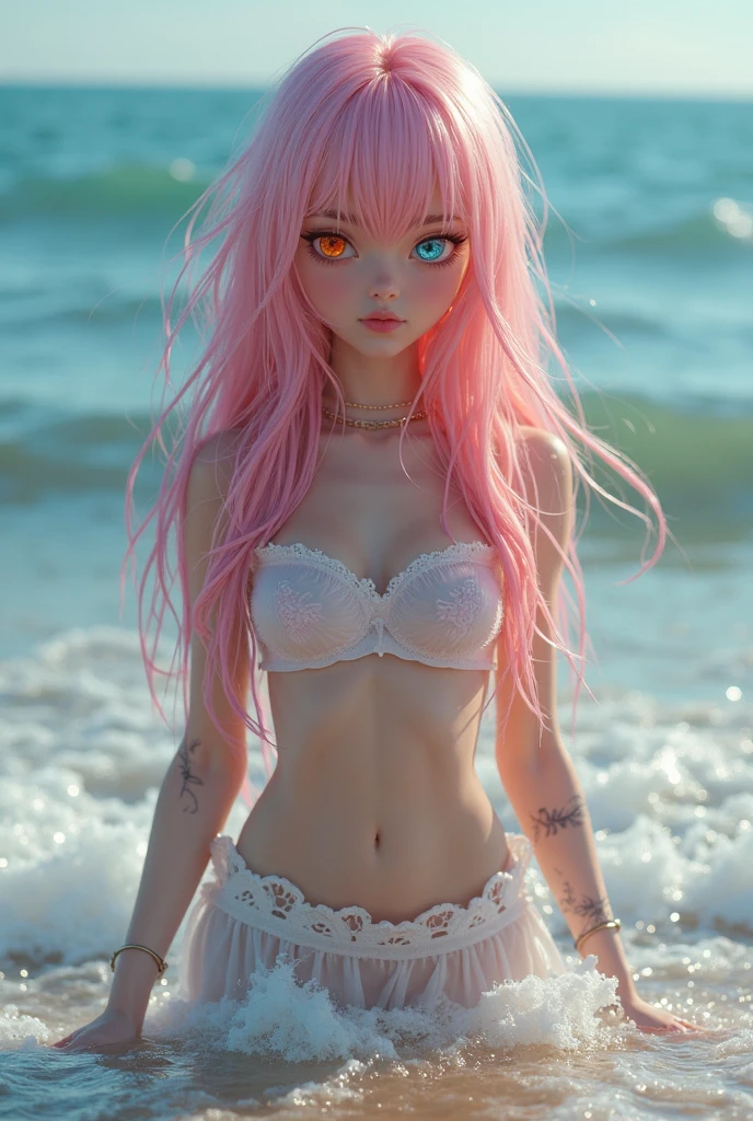 (masterpiece, best quality:1.2), intricate details, (sangonomiya_kokomi), 1 girl, (white bikini:1.2), simple bikini, hair ornament, ponytail, (black_tattoo:1.2), (pink hair, lolita), (small breasts:1.2) , (wide hips, sexy:1.2) , (beach_background:1.3), (outdoor), (priestess), (blue eyes:1.2), (eye glow:1.4) , (wet:1.2), cowboy shot,