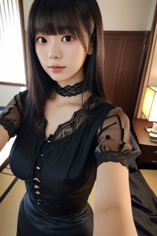1 Nogizaka Musume、very cute、beautiful girl、19 years old、(gothic fashion)、beautiful face, Exquisite details of eyes and skin、fine black shiny hair、Classy ruffles、frilled tie、ribbon tie、rose hair accessories、(smile at the camera)、(cowboy shot)、(sea of europe)、professional lighting、break、(realistic、Photoreal:1.37)、8K、(masterpiece)、(highest quality:1.4)、(Super high resolution:1.2)、 (Raw photo:1.2)、(delicate lace、soft fabric、beautiful rose pattern dress)、perfect anatomy、4 fingers and 1 thumb、seaside background、(Wallpaper by Unity 8K)