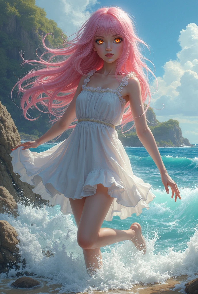 digital girl illustration by krestian storgin art, in the style of romantic soft focus and ethereal light, beach portraits, charming anime characters, pink, highly detailed, eye-catching, wavy hair blowing in the wind, sheer see-thru clothes,covered_nipples <lora:bralessv2:1>