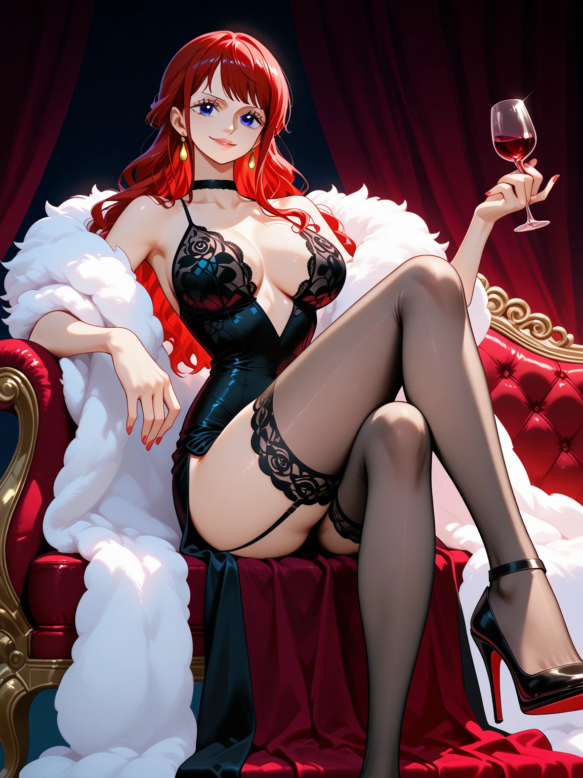 (masterpiece, top quality, best quality, official art, beautiful and aesthetic:1.2), (1girl:1.3), extremely detailed,(fractal art:1.2),colorful, highest detailed, parted lips,wallpaper, red hair, ponytail, (detailed eyes, pink eyes), horn, horns forward bangs, bangs, fur trimmed coat,coat, armpits, medium breast, horn towadrs the fronts, horn towards the bangs, erotic pose, sitting, sitting crossed legs, sofa, challenging smile, elf ears