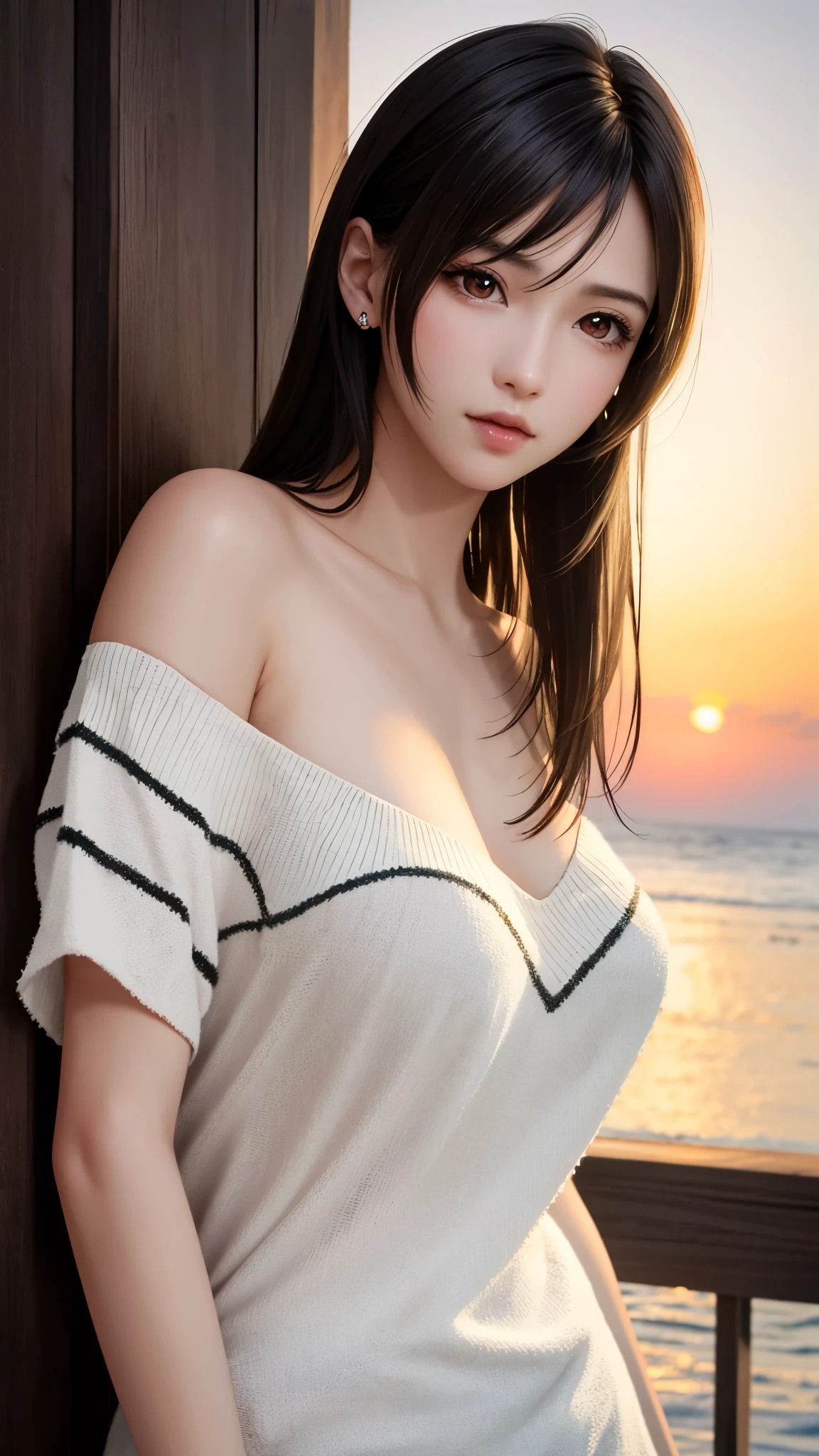 (((masterpiece:1.4, Highest quality:1.4, 8k, Ultra-high resolution, Photorealism, Physically Based Rendering))), Sharp focus, Full body portrait, Full Body Shot, Flat lighting, Super beautiful sexy woman, Very beautiful Japanese women, Perfect body:1.1, 24-years-old, alone, Exquisite big eyes, Fine eyebrows,Big Breasts,,Emphasize, (((Brown long straight low half bangs:1.3, Hair behind the ear, bangs))), (A strong wind blew her hair away:1.4), Highly detailed face and skin texture, Slim and beautiful:1.4, ((Sleeveless white top, Translucent black mini skirt:1.5, Take off the shoulder:1.5)), ((Huge breasts:1.6)), (Exposing breasts:1.2), Small areola, thinウエスト、Toned Abs, (dress:1.6), (Detailed beautiful pussy exposed, :1.4), Full Body Shot, (thin), no makeup, Distinct facial features, Looking at the audience, (smile:1.2), (Please put your feet up:1.2, Sitting,She moves forward:1.3、Spread your legs, Camel Toe), (Detailed beautiful pussy exposed, :1.4),(Front view), (sunset), (Beautiful sky:1.2), (Santorini:Greek pearls, This island is famous for its stunning white architecture, known for its colorful dome and spectacular sunset:1.3),no,