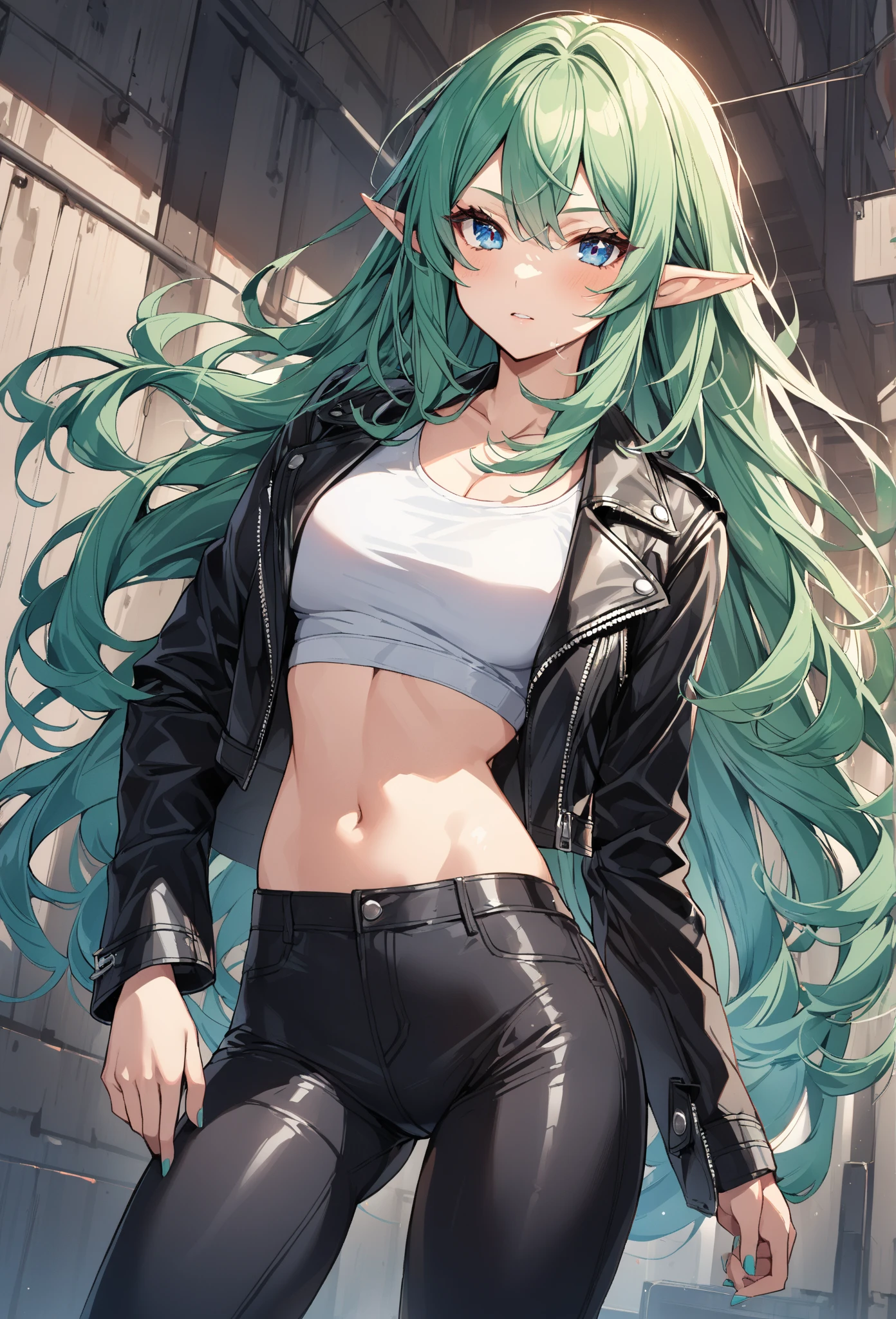 (masterpiece, best quality, detailed) ,1girl, highelfarcher, high elf archer, elf, (green eyes:1.5), (green hair:1.2), hair between eyes, long hair, pointy ears, sidelocks, jeans walking down the street,cute anime girl, pretty anime girl, smooth anime cg art, beautiful anime girl, attractive anime girl, ecchi anime style, seductive anime girl.teasing smile, clean detailed anime art,high resolution, (perfect hands, perfect anatomy),
