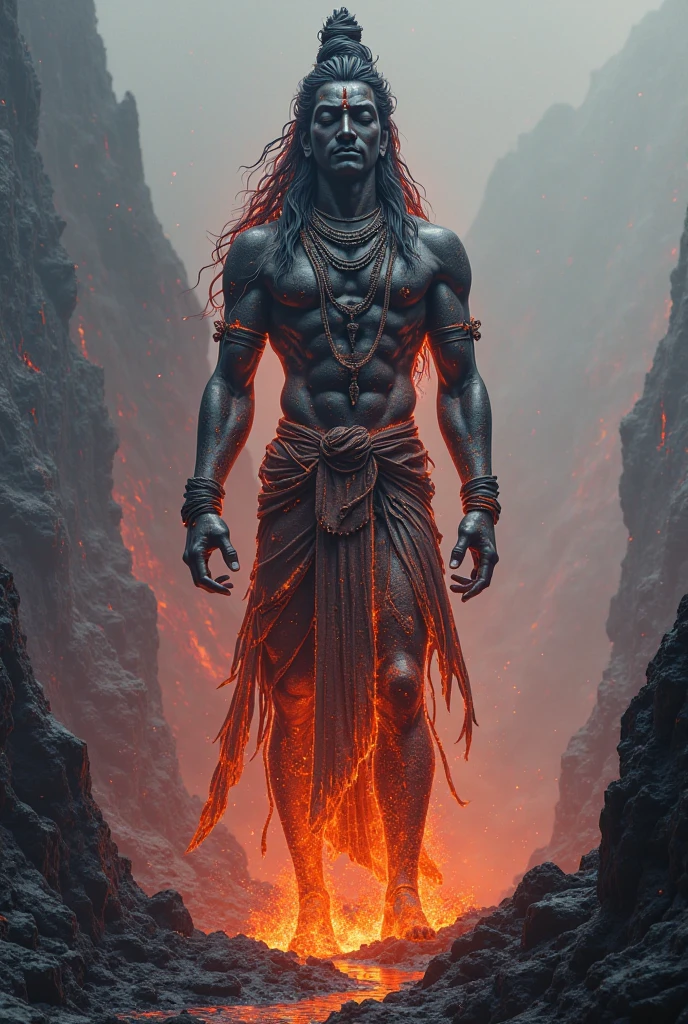 (photorealism:1.2), Krishna ji , standing on a rock , lava going from sides , dark clouds foggy wheather, angry expression ,muscular body
