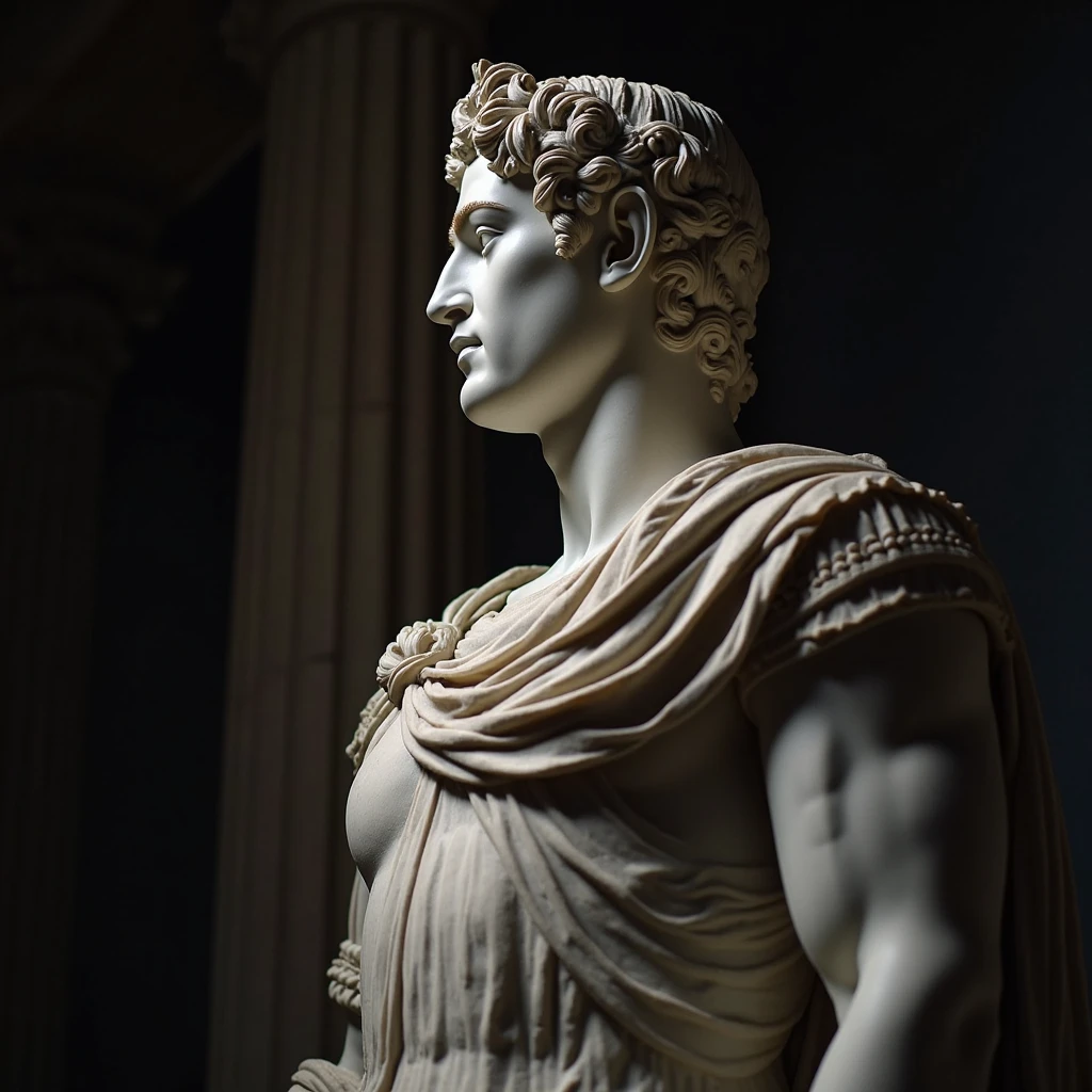 a greek statue with aesthetic design looking at cellphone, detailed neoclassical sculpture, realistic, intricate details, beautiful marble sculpture, high quality, hyper realistic, photorealistic, dramatic lighting, moody atmosphere, cinematic, intricate textures, elegant, refined, exquisite craftsmanship, ornate, masterpiece, museum quality