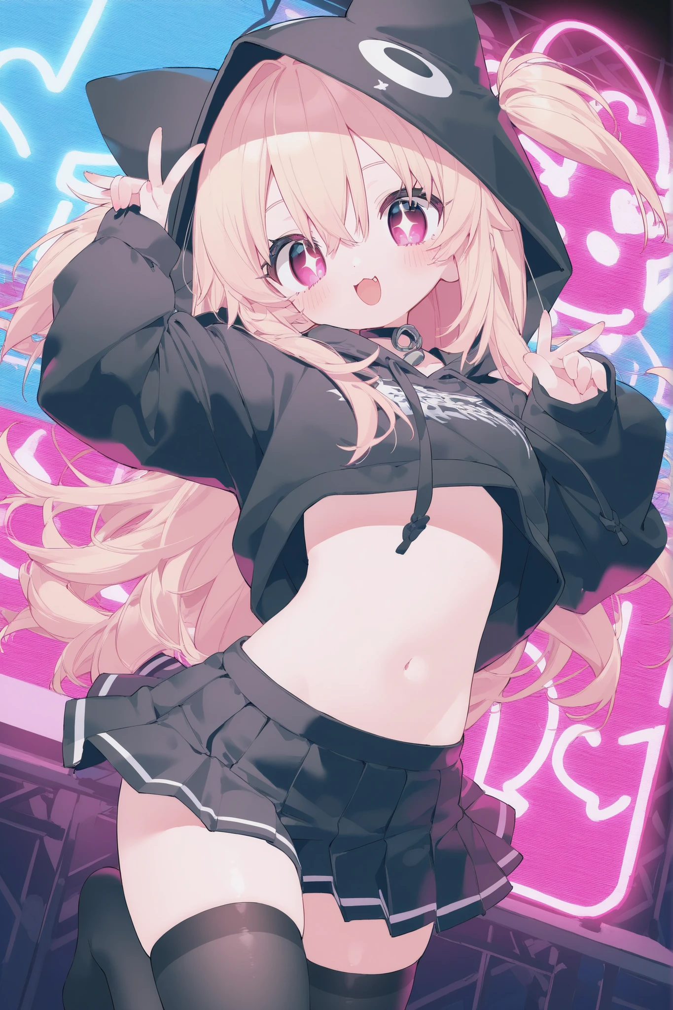 best quality、Highest Quality、8k、highly detailed CG、dynamic angles、cowboy shot、Neon Light Sparkling Cyber Nightclub、Illuminated signboard showing girls in the back、standing、see here、Beautiful Girl,1 cute girl、 cute pose with both hands 、Naughty hip swing dance、random foot position、cute accessory、black hoodie、I'm wearing a hoodie hood、Highlight healthy thighs、Very short black pleated mini skirt、black thigh high stockings、Stylish punky clothes、