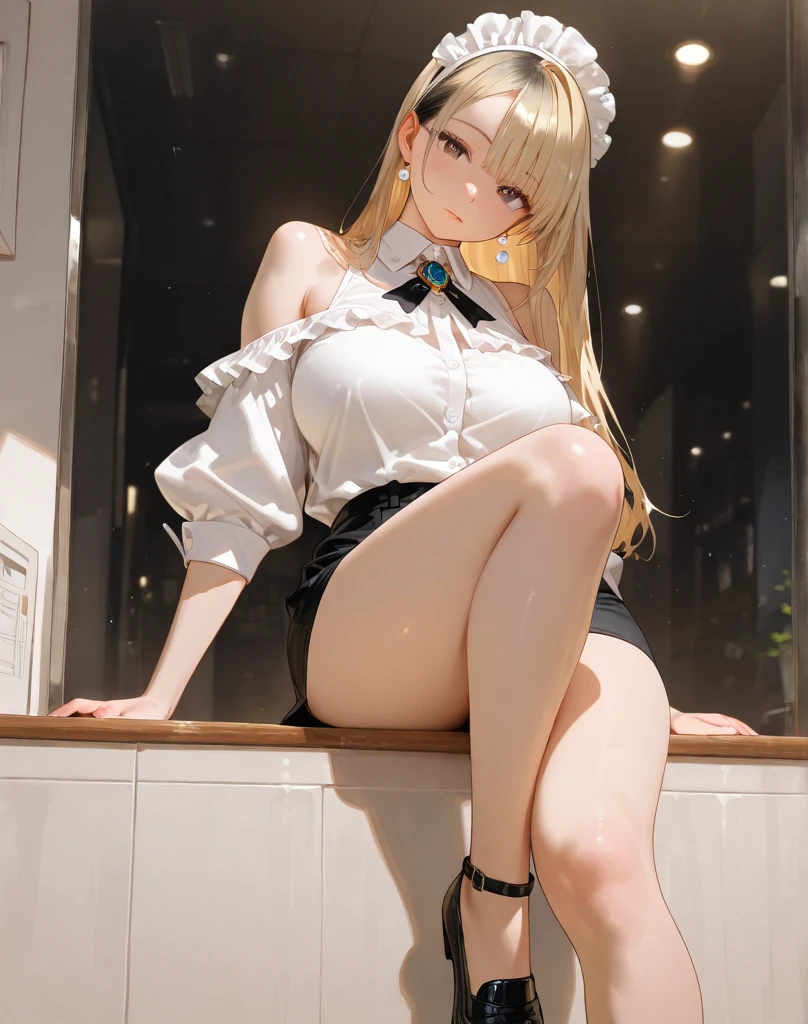 eye glasses、flat chest、highleg、The whole body can be seen from directly below、Delicate body、White ponytail、Beautiful open legs