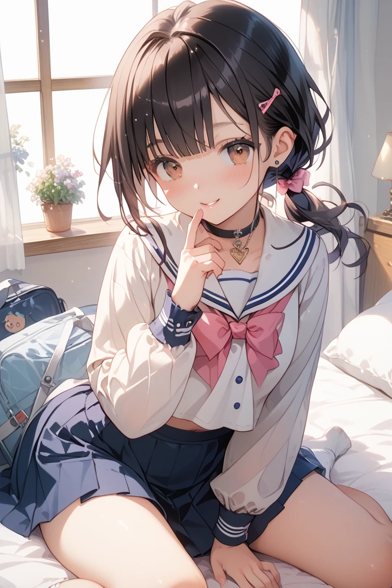 One girl,(((Wearing white cotton panties with ribbons))),(((Get on the pink bed, spread your legs, and lift your right and left thighs at the same time.))),big eyes,(((Her hair is short and tied up just below her ears.))),((White knee socks)),Cute clothes,(The girl's body is facing forward),Suite Room,The chest is a little small,Black brown hair,She is wearing a large pink ribbon tied in a knot,Baby Face,She is looking at me shyly, but her mouth is smiling.,Pink eyes,((Lower both arms, bend both elbows, and bring both hands close to your face in a slight fist pose.))