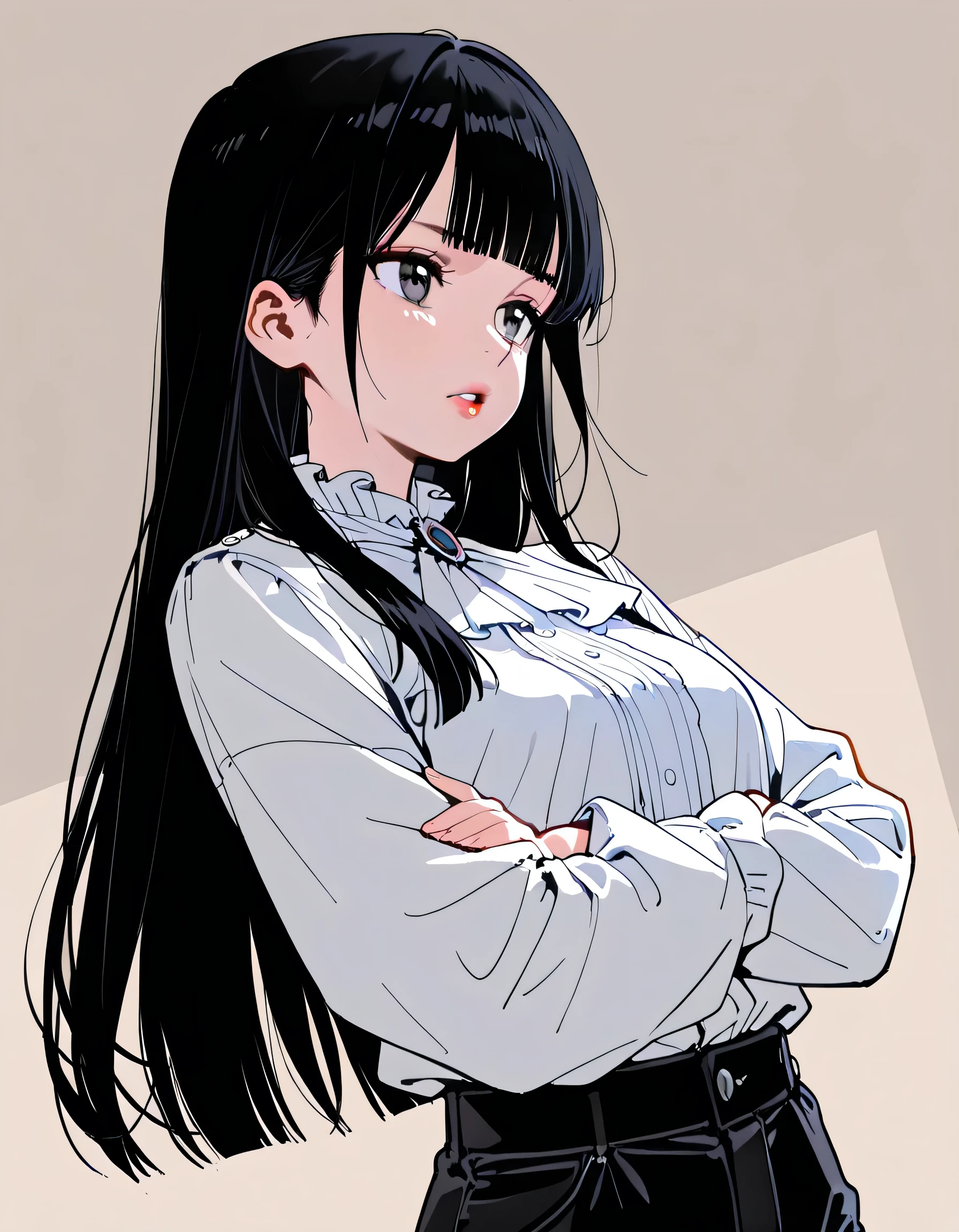sideview,dynamic angle,dynamic thinking crossed arms pose,solo,upperbody,black long straight hair,(korean blunt full side bangs),(no sideburns)+,korean female,natural cosmetic,adult female face,full lips,white frill elegant jacket blouse,long pants,dignified,manly,pride,upward glance,soft lineart,flat color background,