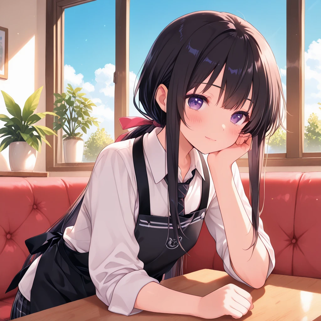 ((Highest quality)), (detailed), Perfect Face、((Highest quality)), (detailed), Perfect Face、Work as a manager at a popular cafe, 3、In a café in the daytime, ((Stand and show)), Spread your legs, ブラウス, ID card hanging from neck, Take off your black panties、　Holding the panties you took off in your hands、Angle from the front、((She has panties、Showing it to me。:1.5))、((Erect nipples: 1.1)), ((　Small breasts :1.5　)), ((Small round areola :1.3, ライトピンク:1.3 )), (((スカートめくり, ズボンがない, Genitals are visible))), ((masterpiece)), ((masterpiece))