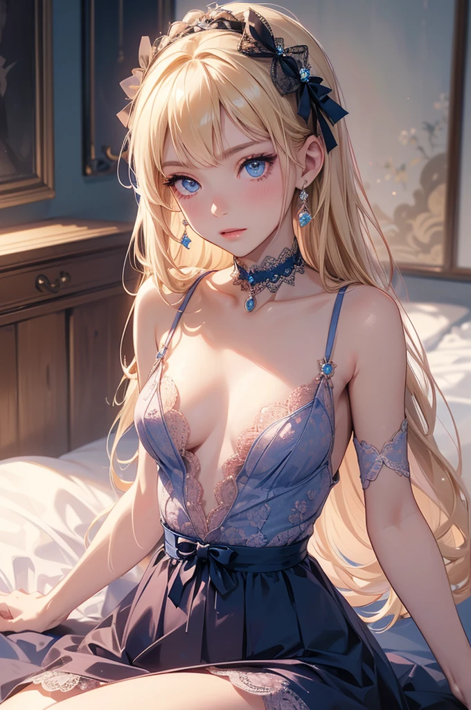 (​masterpiece),(top-quality:1.2),1girl in,(masuter piece:1.3),exquisitedetails, Highest quality 8K resolution, Ultra-detailed, Realistic, Vibrant colors, Soft tones, With warm and gentle lighting,(Smooth straight blonde hair:1.2),(Hair parted in the middle:1.3),(Glowing hair),(Dark blue eyes:1.3),White skin, hair clips,Small necklace,A gentle feeling overflows,The sun's rays illuminate joy and pure love, Warm golden glow,The atmosphere is full of happiness and laughter, As if celebrating love,Ultra-detailed depiction and vivid colors,A style that combines romanticism and realism,depth of love,color palettes,Create an ethereal atmosphere like a dream,Lighting is soft and diffused,masterpiece artwork,