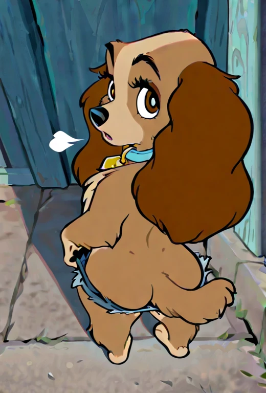 score_8, score_9, jenny, 1 girl, Alone, Brown hair, ponytail in hair, Blue eyes, earrings, standing, on the grass, open smile, back view, spread pussy, bottomless, Ahegao , masturbating, naked, Chibi, squatting, dog penis in vagina