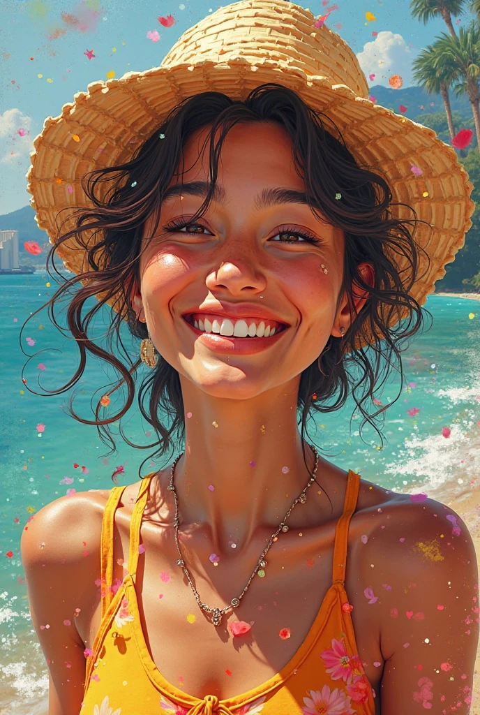 (Movie poster), (Text "sex"), featuring a naked woman, smiling in the beach, spreading her legs, A flattering look, Disney Pixar style, 3d
