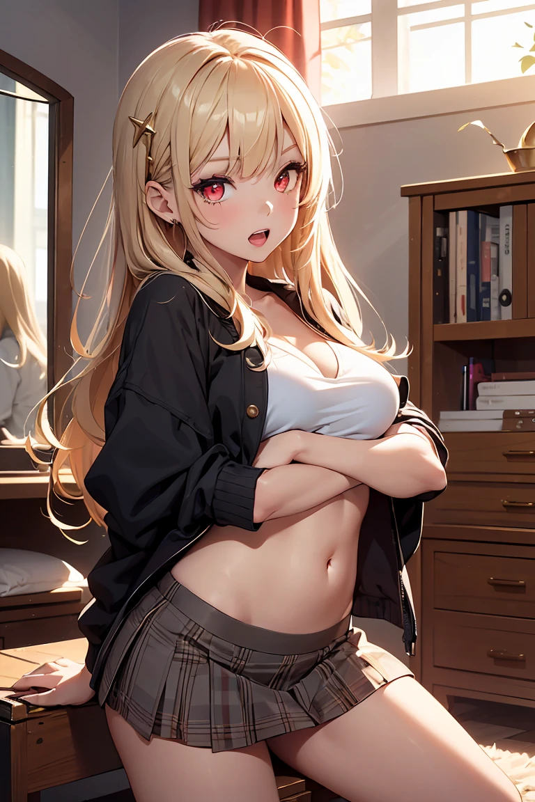 top-quality、Full limbs、complete fingers、Slender beauty、1人の女性、((Low-rise miniskirt、Crop T-shirt:1.3)), ((Beautiful Large Breasts、pointy breasts,cutout between underboob:1.3))、A big smile、Beautiful face、Naughty Poses、Dancing、Classroom、The sun is setting