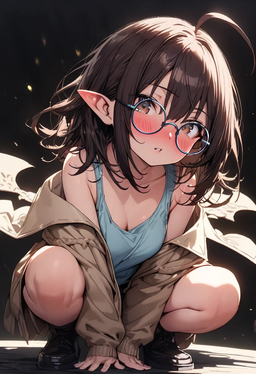  ((naked)), Chubby,very small in height, ((many tears)),((spread legs)), ((legs up)),((pointy ears)),((elves)),in forest,(1girl),(((masturbating))),touch female genitals,(((glasses))),(((short hair)))