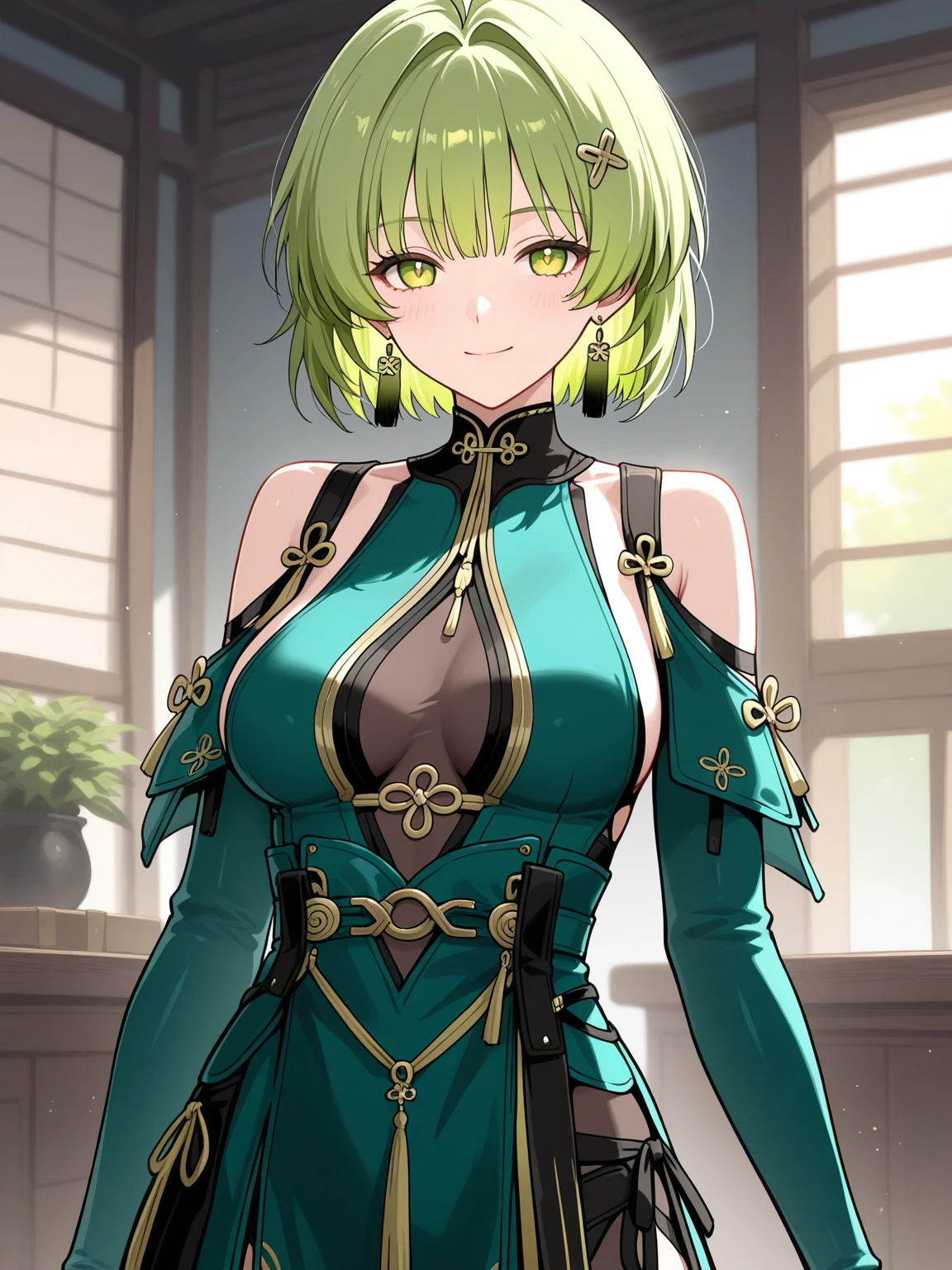 absurd res, high res, (masterpiece:1.4), ultra-detailed, girls, from front, from below, space, floating, dark green Japanese traditional dress mixed with black, dark green + black dress, black stockings, dark green hair, violet eyes, hands out of frame, furry ears, slightly open top, fox ears, medium breasts, boobs, glassy eyes, no human ears, glassy purple, crotch pov
