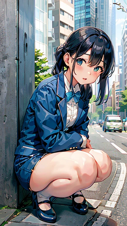 office Street,Skyscrapers in the background,blue sky,all fours,Kneel,masterpiece,quality,High resolution,高quality,Realistic,Random hairstyle,business suit,Blue jacket,White collared shirt,whole body,Bangs,Ahegao,Big eyes,Embarrassed face,Leaning against a wall,Fair skin,Thighs,High heels:1.3,pantydrop:1.5