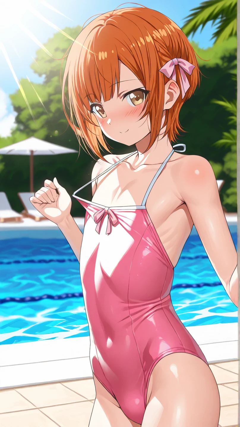 A full body portrait of a red-haired girl with green eyes lying on a pool, The pool is a fantastical place with gentle waves, lush greenery. The girl is cute slim nice, nude, spread legs standing, masturbating, jumping, perfect small pussy, pink pussy, wet creamy pussy. Puffy nipples, Her hair is loosely braided, cute face smile orgasm expression. Pale tanned, back, The sky features soft, pastel colors and fluffy clouds, creating a serene, dreamlike atmosphere. The overall effect is enchanting, filled with magic and wonder.