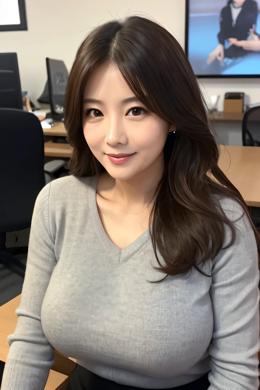 Highly detailed face and skin texture, fine grain, double eyelid，((Mature adult woman))、((Middle-aged women))、((5))、 charm，Tight Skirt，Brown hair medium long，for office chairs，A skirt that covers the waist，Big Don&#39;leak， High-resolution facial features，A kind smile、