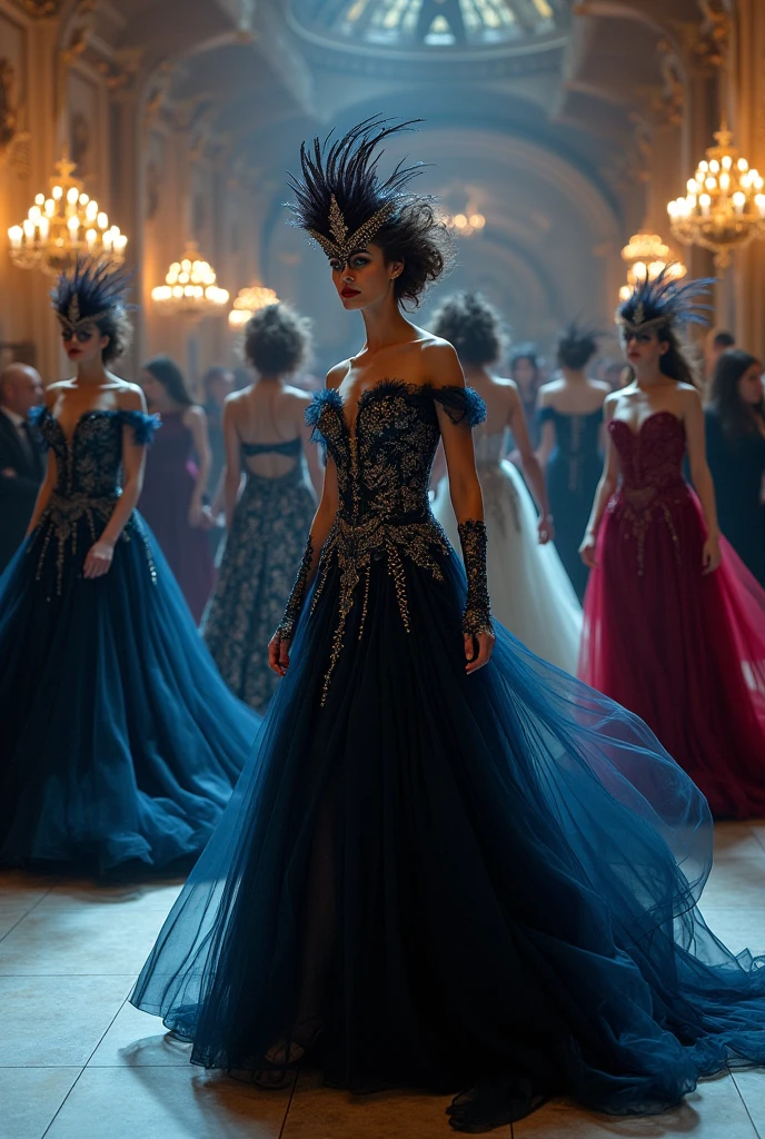 lily james in a large blue period dress and masks at a masked ball