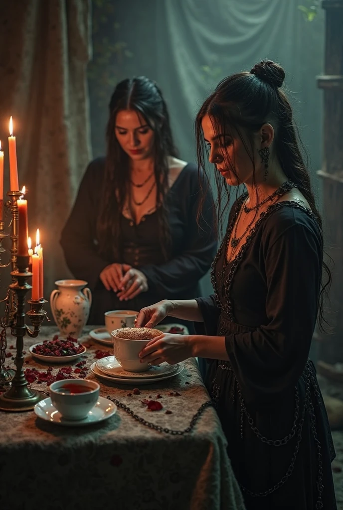 Create a captivating visual representation of a medieval witchcraft scene set in the deep forests of medieval Europe. The focus should be on three witches brewing potions in a large cauldron within a terrifying environment. Additionally, include an ancient drawing that adds mystique and authenticity to the scene.
**Key Elements to Include:**
1. **Witches:**
- Illustrate three distinct and eerie witches, each with unique features and attire.
- Capture their intense concentration as they engage in the potion-making process.
- Consider adding subtle mystical elements like glowing eyes or ethereal auras.
2. **Cauldron:**
- Feature a large, bubbling cauldron at the center of the scene.
- Show various ingredients around the cauldron, highlighting the complexity of the potion-making ritual.
3. **Environment:**
- Set the scene deep within a medieval European forest, with towering, ancient trees and thick foliage.
- Create an atmosphere that evokes both mystery and fear, with shadows and moonlight playing a crucial role.
4. **Ancient Drawing:**
- Integrate an ancient drawing within the visual, perhaps on parchment or a stone tablet.
- The drawing should depict symbols, runes, or illustrations related to witchcraft and ancient knowledge.
5. **Lighting:**
- Utilize a combination of moonlight filtering through the trees and the eerie glow from the cauldron to create a dramatic play of light and shadows.
6. **Details:**
- Pay attention to small details like the witches' accessories, potion ingredients, and the surroundings to enhance the overall richness of the scene.
**Overall Mood:**
- Aim for a scene that balances the terrifying and mystical aspects of medieval witchcraft, leaving the viewer intrigued and captivated.
**References:**
- Feel free to draw inspiration from historical references, medieval art, and depictions of witchcraft in literature and folklore.