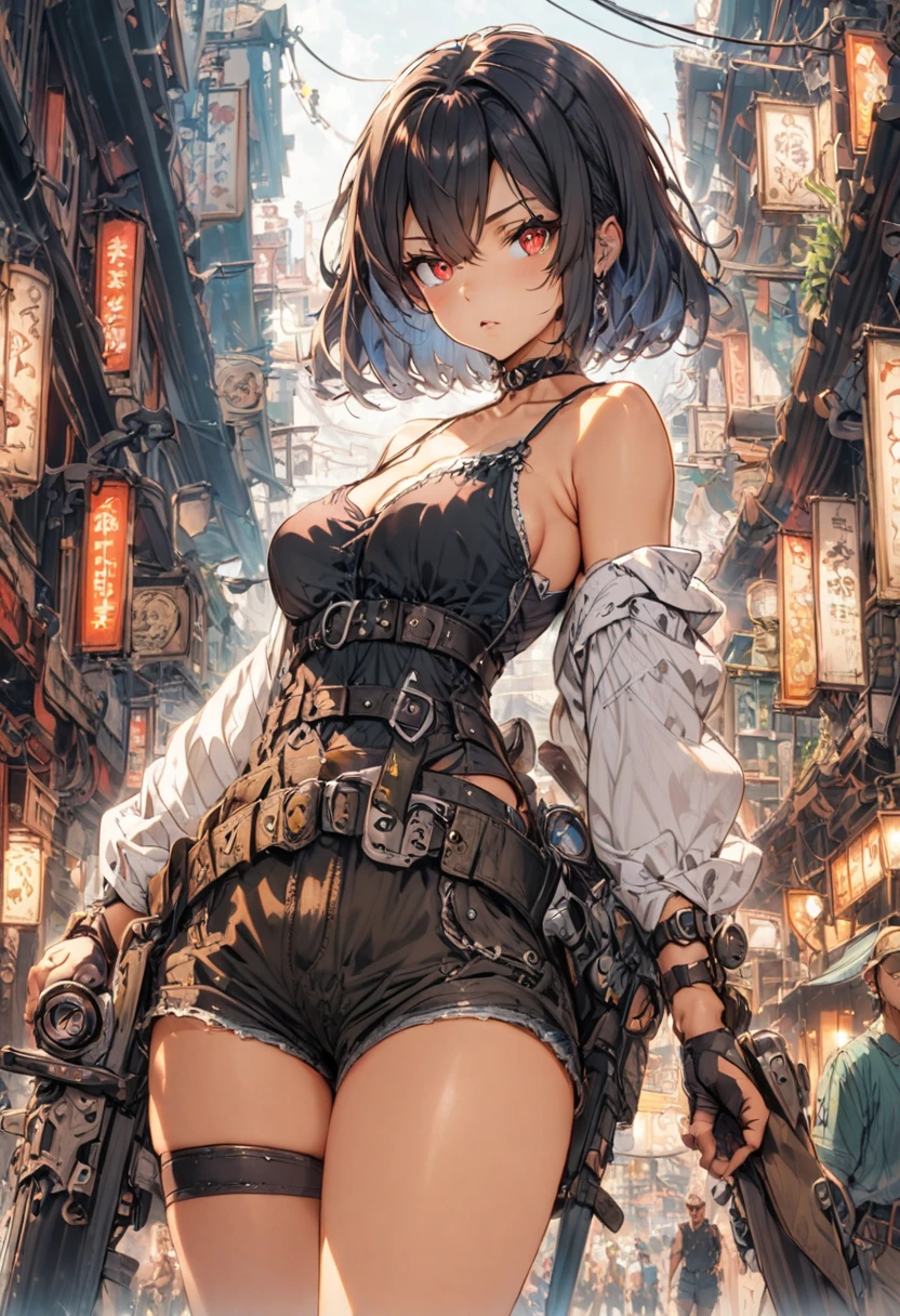 beautiful detailed sexy adult female japanese, wearing sexy gothic punk girl, ponytail white hair, slender, large breast, massive cleavage exposed, huge buttock, street city background