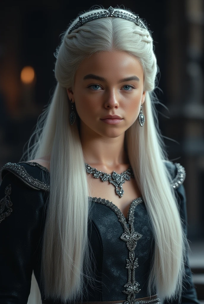 female viking warrior queen, small slim fine face, white hair, delicate ornamental metal and fur dress, perfect ultra-detailed face