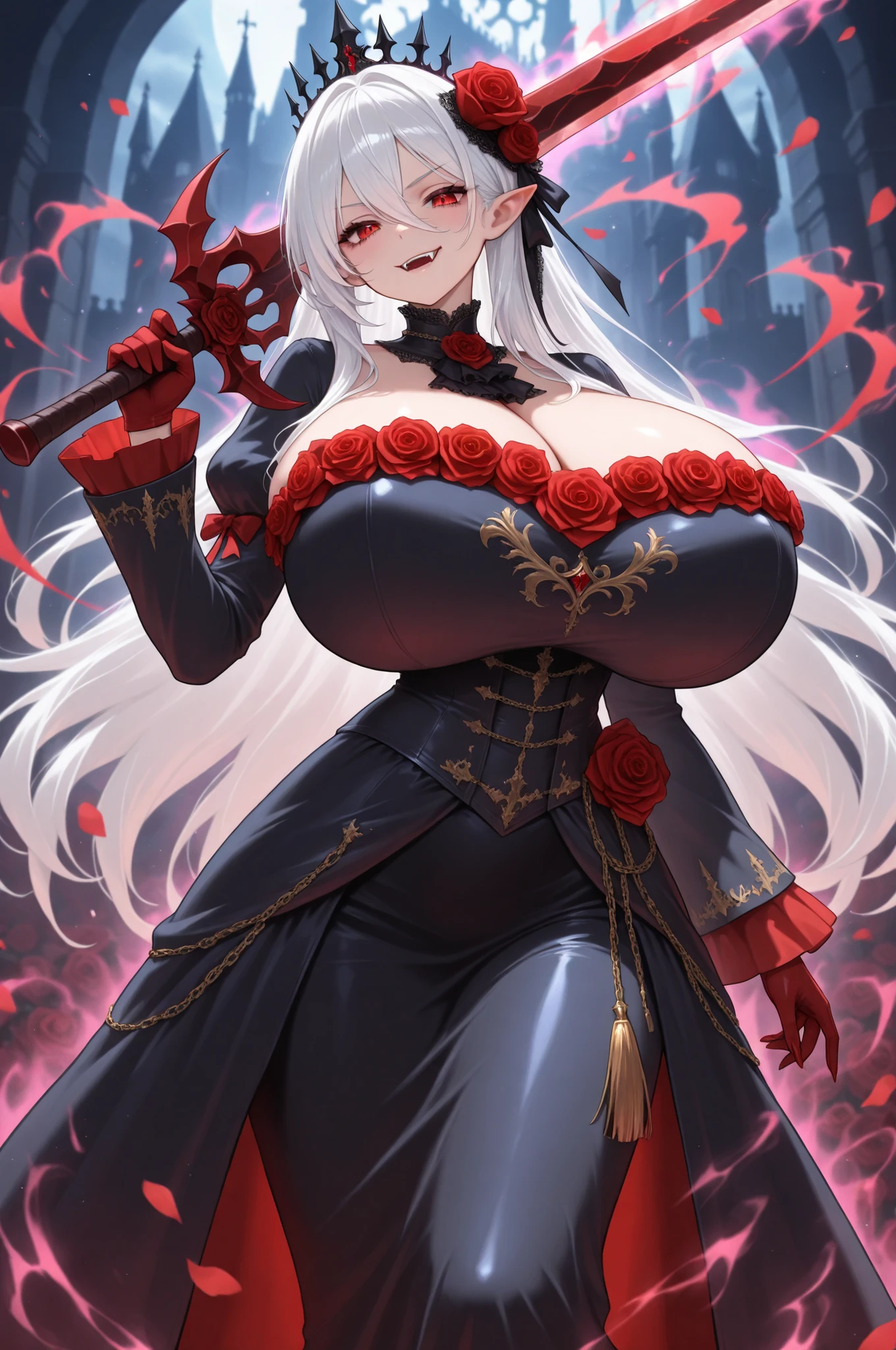 perfect details, special details, top quality, high qual, 1 girl, looking at viewer, standing, 27 year old woman, grey hair, very long hair, single braid, hair covering both ears, partly exposed forehead, sidebang, dark red eyes, mature body, perfect body, big breast, black wedding dress, long dress, black veil, black elbow gloves, bloody rose decoration, holding red rose bouquet, mole on left breast, big tits, big ass, breast cleavage, tempting eyes, loose eyes, ecstatic eyes, ear blush, torogao, tsundere, parted lips, half-closed eyes, light smile, high detail, depth of field, 1080P, 16k, award winning, highres, best quality, Masterpiece, UHD, anatomically correct, super detail, raviel ivansia