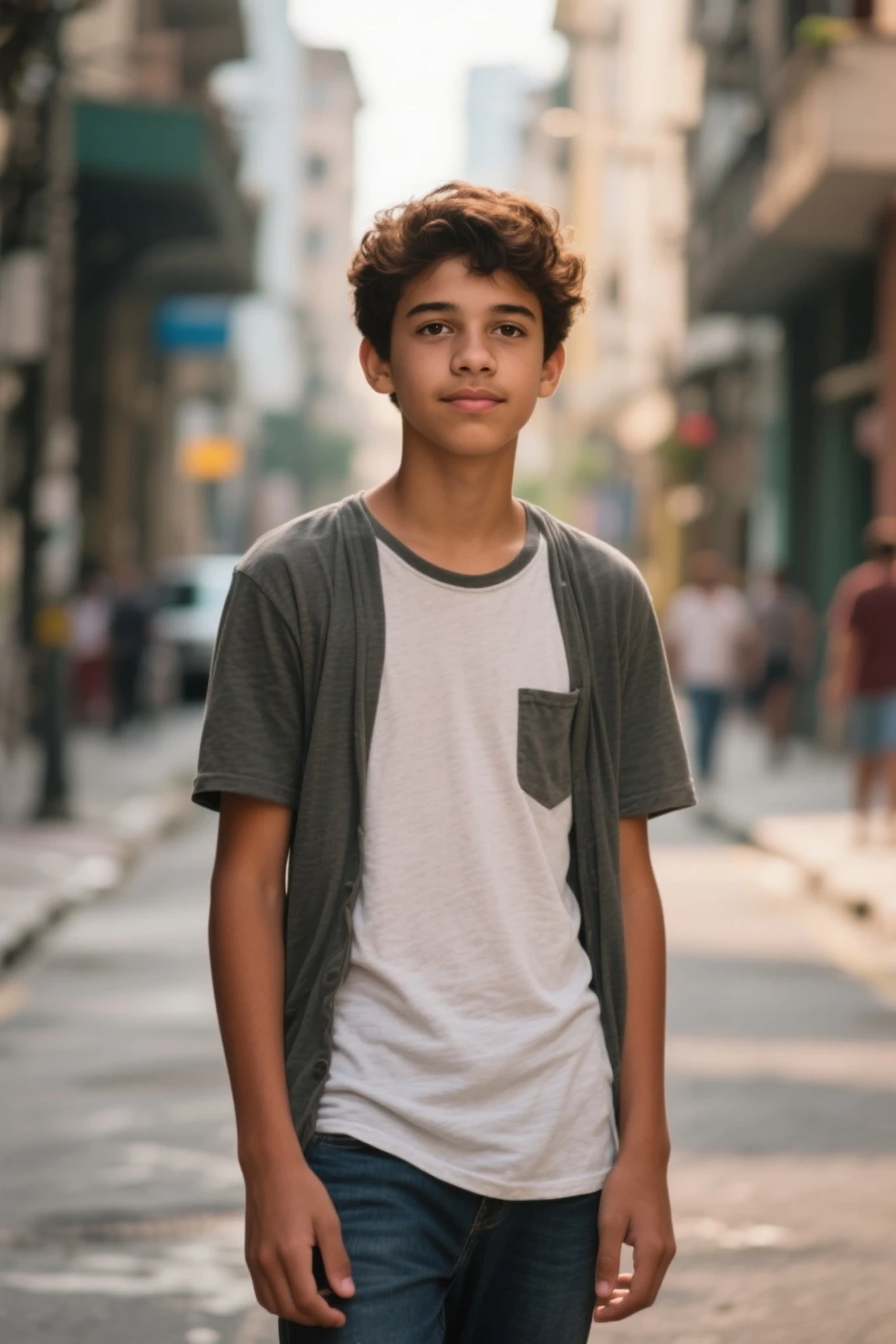 Young tanned man with curly hair and 21st century style clothing