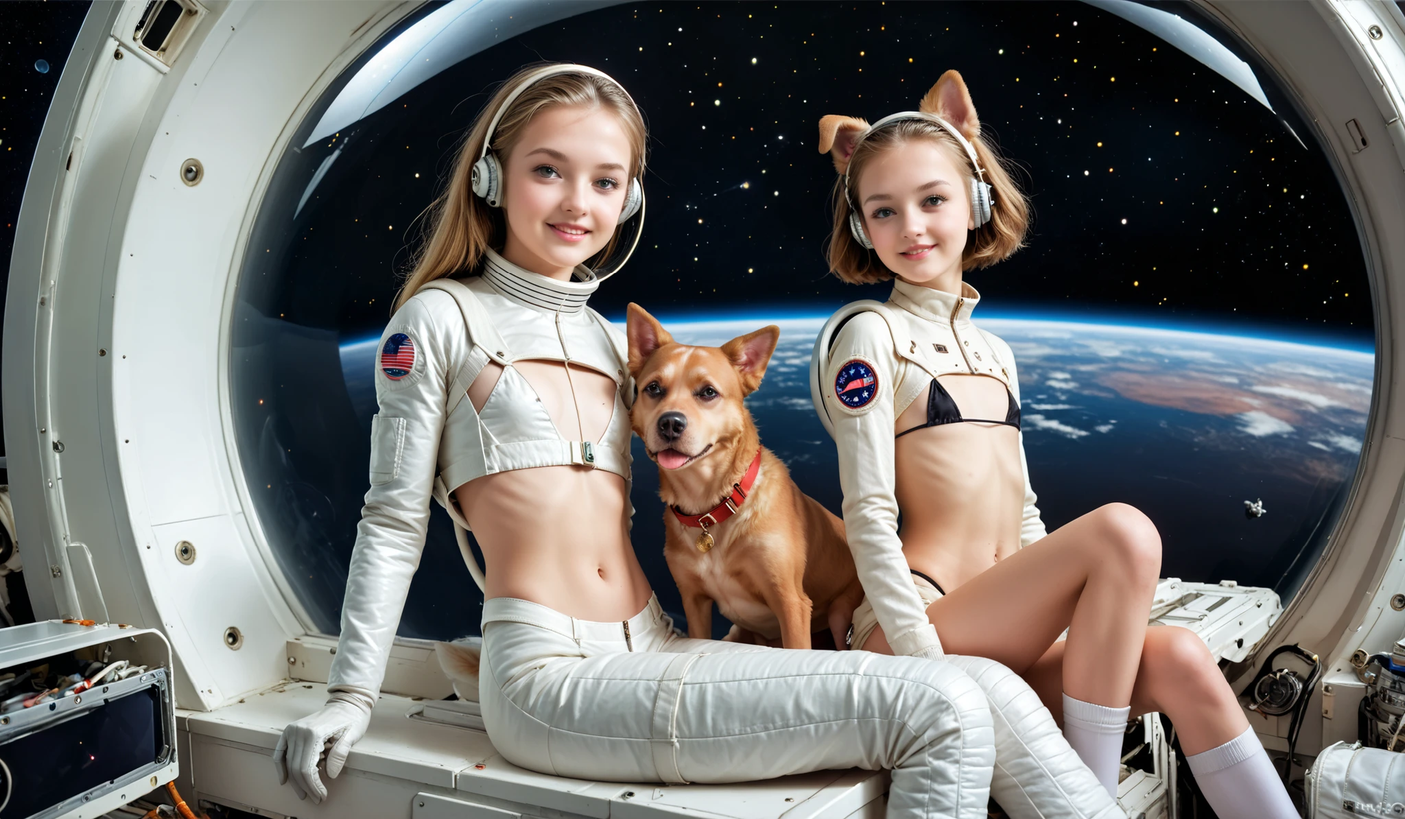 (very skinny girl: 1.2),(is a very young girl: 1.5), Beautiful girl, skinny girl, thin waist, wide hips, Slender legs, Very young face , flat chest, hip spacing (camel paw: 1.2), wearing a micro bikini ,wearing white full-size headphones,in white knee socks , Beautiful intimate haircut,very light grey beautiful eyes,(( a dog in a spacesuit is sitting next to each other: 2.0)), space, spaceships and stations, in outer space, best quality, masterpiece, super realistic, 8 k.