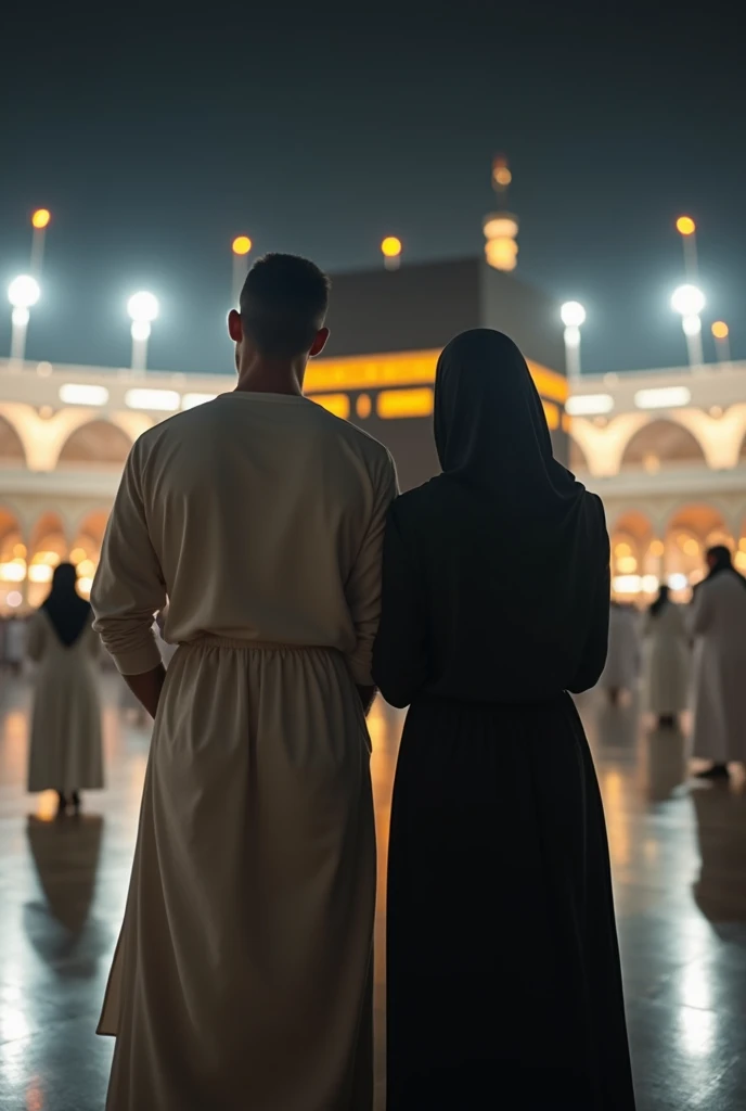 A girl and a boy 23 year old going to perform Umrah in Mecca, Saudi Arabia are sitting facing the Kaaba, the girl is wearing a black hijab and the boy is wearing a black cap.