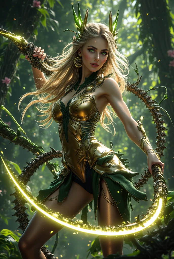Sexy jungle girl , intricate details, big tits, long blond wavy hair, rays of god, firm, heavy makeup, intricate details, front view, crouching, perfect hands, frog point of view