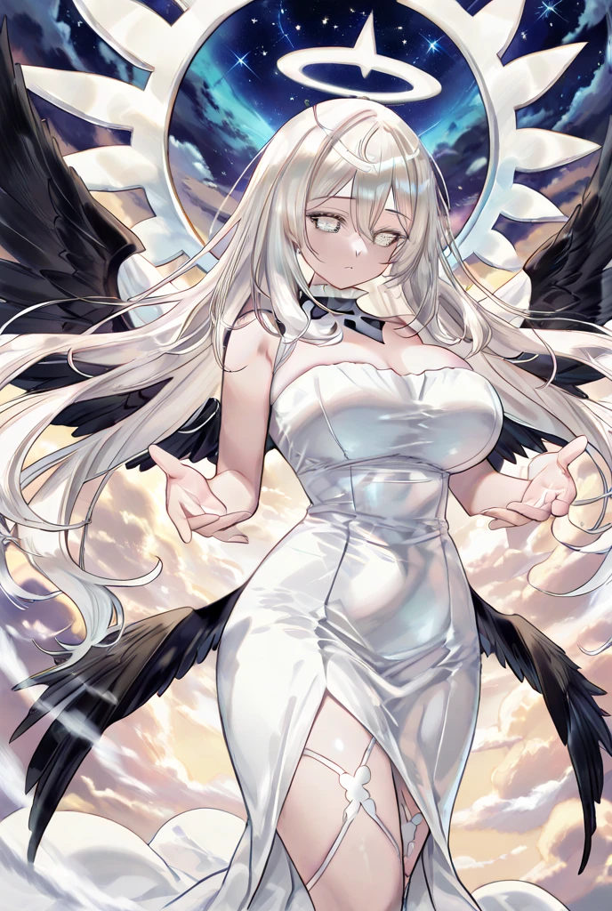 1 girl, medium breasts, ((white skin)), pale skin, white hair, medium hair, halo, angel wings, ((tight black dress)), full body dress, yellow eyes, only face
