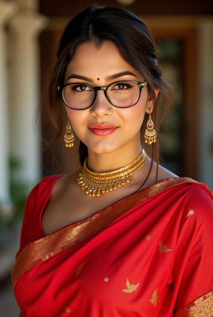 cinematic photo beautiful hyperrealism hyperdetailed selfie, cute Indian girl, 25 years old, wearing reading glasses, black single braided hair __very big busty breasts__ soft smile, dusky white skin, wet look, sweaty body, cleavage revealing, red bhindi, black Indian mangalsutra, down blouse, red saree, sitting in restaurant, beer on table, flushed face, red blush, freckles, soft facial features, (brown:0.8) eyes, 8 k, sharp focus, art by irakli nadar . 35mm photograph, film, bokeh, professional, 4k, highly detailed, (natural skin texture, detailed face, hyper realism, hard light, sharp), (high resolution, 4k), no watermark,