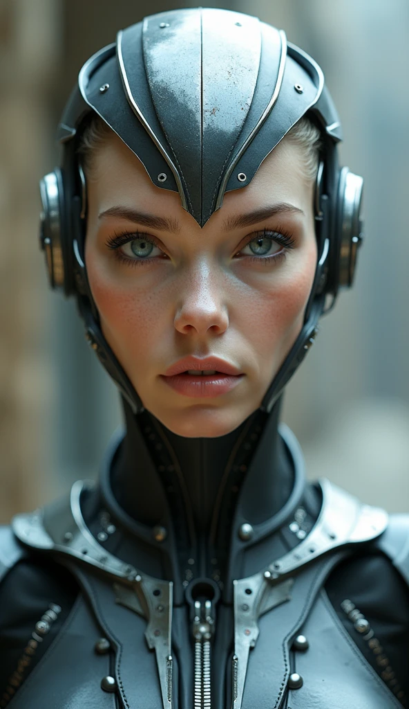 create an image of a woman with realistic cyborg face and body sexy ultrahd