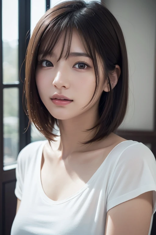 (8k, RAW Photos, Highest quality, masterpiece:1.2), (Realistic, Realistic:1.37), Very detailed, Ultra-high resolution, 1 girl, View your viewers, Beautifully detailed face, Laughter, narrow, (Narrow waist) :1.3), Shortcuts, Beautiful and detailed skin, Skin Texture, Black Hair, Floating Hair, Hairstyle: Short bob, Professional Lighting, (White shirt), Human whole body，Completely naked