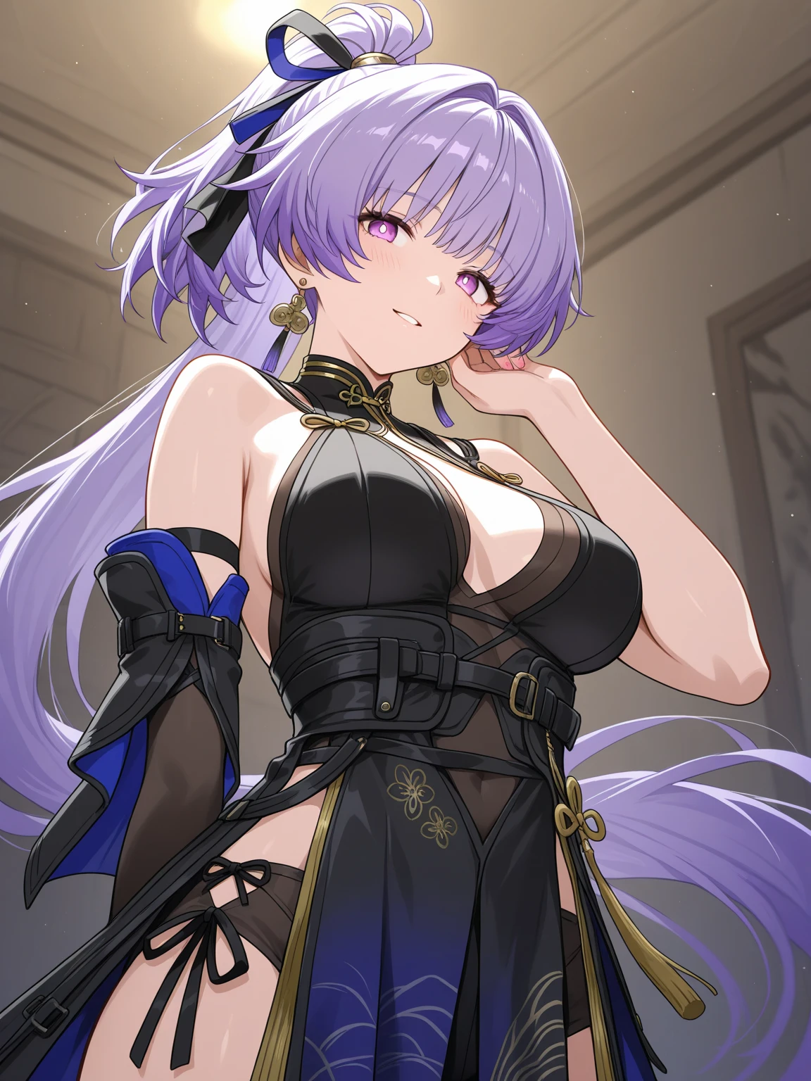 tmasterpiece,Best quality,extremely detaild CG unified 8k wallpapers, tmasterpiece, Best quality, CG, optics ,Raiden Mei (((Honkai Impact 3rd))),detail processing,((Purple pupil)),headgear, Purple long straight hair,((,MILF,A mature woman)),Huge breast,Intimacies,eventide,Clear face,face expressionless,bangle,((long cheongsam)), Black stockings,fur straw shawl