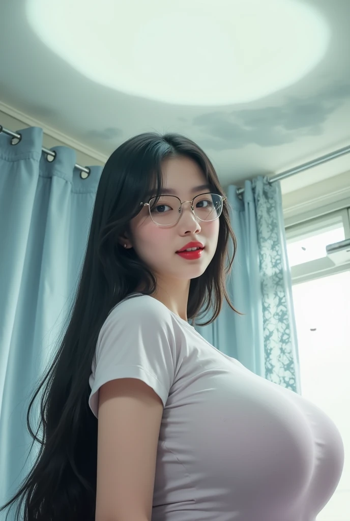 NSFW, full , 8-year-old、RAW photo、Masseter muscle part、highest quality、high resolution、with a girl、realistic、Photoreal:1.2, Upper body、look up、(( with a girl a height of 148 cm))、((Transparent fair skin))、((large full breasts:0.9、pink nipples)、 A face with a bewitching charm、(Slender body with floating ribs:1.1)、(long black hair、thin eyebrows)、20-year-old、medium breasts、(close your eyes)、深いsorrow、sorrow、look up at the sky、open your mouth、shout、(Bedroom in the basement without windows:1.5、black wall)、Cyan White LED Lighting、background blur,suit、glasses