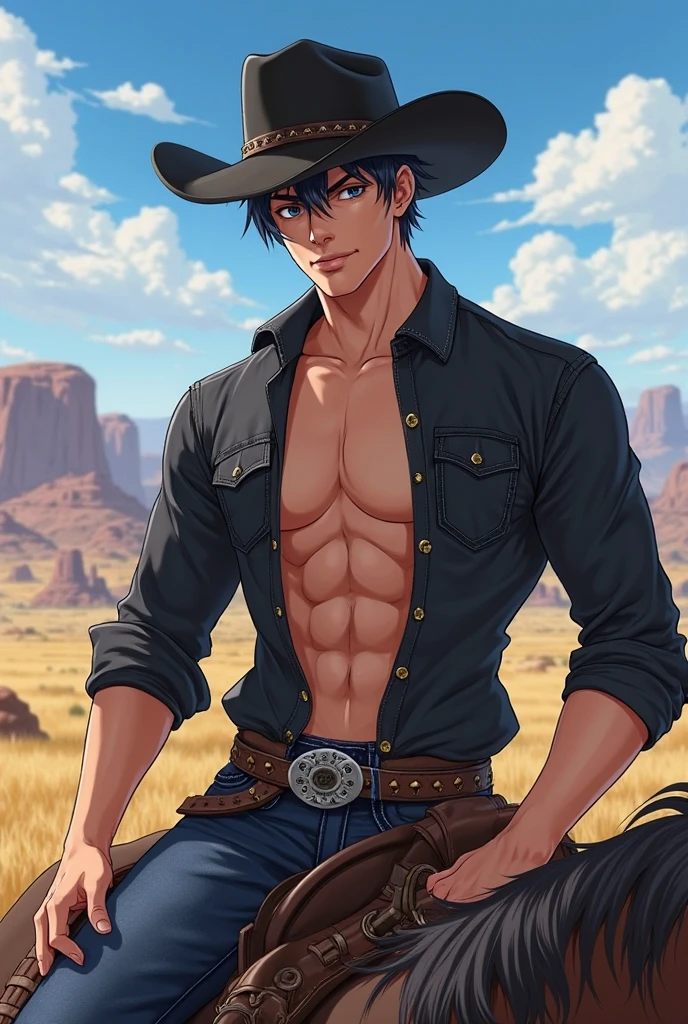 4K, Masterpiece, Ricardo, topless, Ricardo,and dancing, <lora:ricardo:0.7>, high resolution, high skin quality, shiny skin, oily skin, tan skin, ricardo wearing a leather jacket, denim jeans, cowboy hat, Western, Western Background, Old movie, sheriff, Far West, analog style, , looking at viewer,seductive smile, symmetric, centered, closeup, masculine, athletic, fit, high, tan skin, realistic body proportions, realistic, , highly detailed, leather boots,