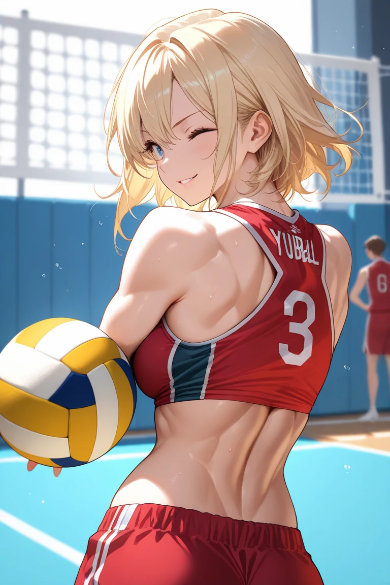 Fit, tall, navel, full body, close view,vollyball girl, mature women, sweat, armpit,hot, blush,smile,ball,stand to take photo,cheese pose