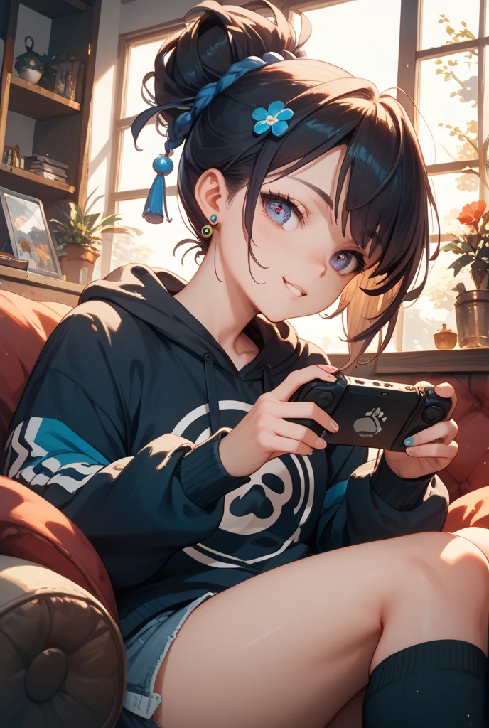 anime girl laying on a couch with a cell phone in her hand, artwork in the style of guweiz, anime visual of a cute girl, cute anime girl, guweiz, cute anime, digital anime illustration, cute kawaii girl, young anime girl, an anime girl, anime lover, anime style 4 k, cute detailed digital art, lofi girl,((Best quality)), ((masterpiece)), (detailed:1.4), 3D, an image of a beautiful cyberpunk female,HDR (High Dynamic Range),Ray Tracing,NVIDIA RTX,Super-Resolution,Unreal 5,Subsurface scattering,PBR Texturing,Post-processing,Anisotropic Filtering,Depth-of-field,Maximum clarity and sharpness,Multi-layered textures,Albedo and Specular maps,Surface shading,Accurate simulation of light-material interaction,Perfect proportions,Octane Render,Two-tone lighting,Wide aperture,Low ISO,White balance,Rule of thirds,8K RAW,