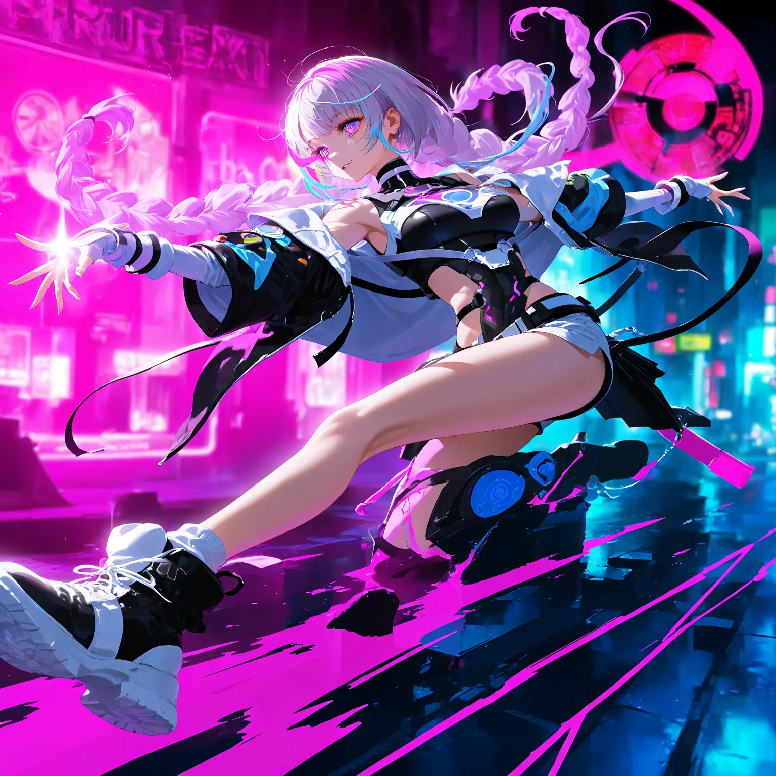 Action scenes,battle,Anime Screenshots、 Artistic anime illustration of a woman adorned with glowing neon magic tattoos all over her body and face。 The tattoos on his arms and legs are a mix of pink, blue and white runes.、It emits a neon light。 She has long, flowing hair.、、 This scene has a dreamy soft focus effect.、 It emphasizes the dreamy glow of the tattoo.、front,Slashing,neon,fighting,sppining